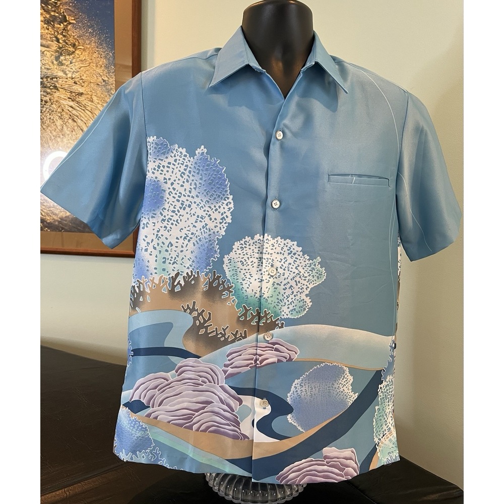 Vintage Tori Richard Underwater Coral Print Blue Reef Hawaiian Shirt Men Small